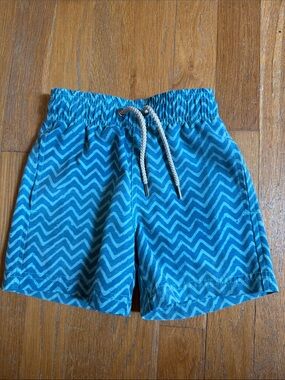 Faherty Kids Teal Chevron Swim Shorts with Drawstring